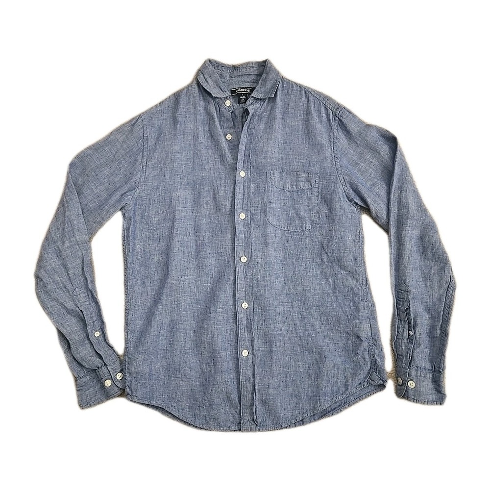 Lands End Linen Shirt Mens Small Blue Button Up Long Sleeve Casual Dress